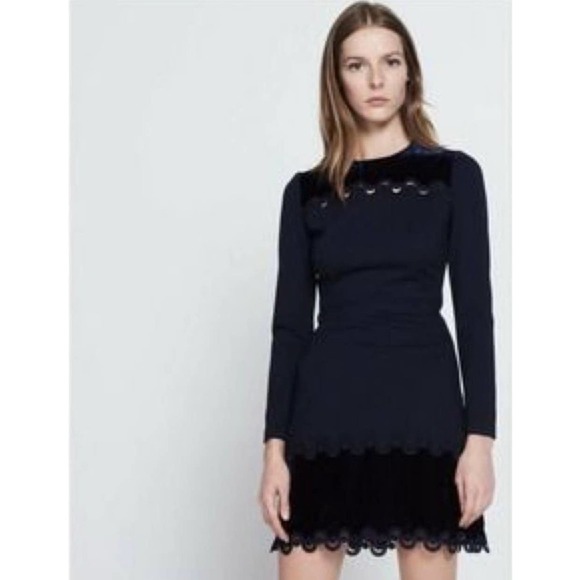 SANDRO $495 Edma Navy Velvet Cutout Trim Mini Long Sleeve Dress Size 3 Large - Picture 4 of 10